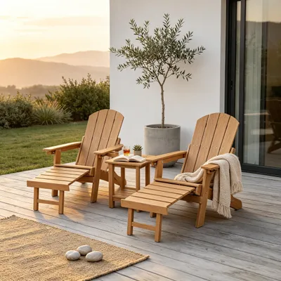 Produktbild von williamspace Allwetter-Adirondack-Stuhl mit integrierter Fußstütze und Getränkehalter aus High-Impact-Polystyrol, wetterfest und pflegeleicht, Natur