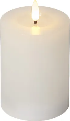 A close-up studio shot of a white LED candle with a flickering flame.