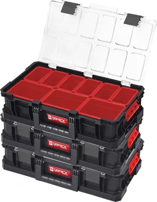 A stack of three black storage organizers with red dividers and clear lids, shown from a slightly elevated angle.