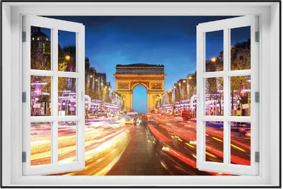 Produktbild von Wallario Wandbild mit Fenster-Illusion: Arc de triomphe in Paris bei Nacht, Größe: 61 x 91,5 cm, Poster mit schwarzem Aluminiumrahmen