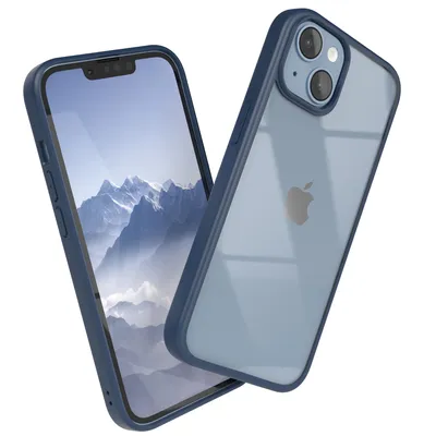 A blue and clear iPhone 14 case is shown from a diagonal angle against a white background.