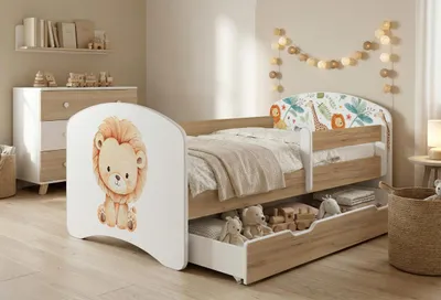 Obrázek produktu pro Dětská postýlka Happy Babies s bočními zábranami pro chlapce, 140 x 70 cm, do dětského pokoje, se zásuvkou, matrace, jednolůžko pro děti, zlatá, barevné samolepky