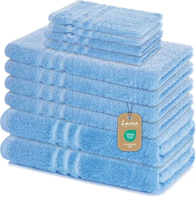 Produktbild von Lavea® Elena 10-teiliges Handtuch Set - 100% Baumwolle, 4x Handtuch + 2x Duschtuch + 2x Gästetuch + 2x Waschhandschuh, Bad & Gäste, Delphinblau