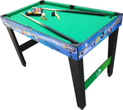 A tabletop billiard table with balls, cues, and accessories on a white background.
