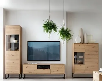 Produktbild von Wohnzimmer-set AMBER 3 TV-Schrank +Vitrine AWT53 + AWT93 Schwarz Metallfüße Eiche Artisan