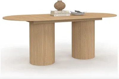 Zdjęcie produktu dla Owalny stół jadalny dla 6–10 osób z cylindrycznymi nogami, 160–200 cm – nowoczesny design – wygląd imitujący drewno – meble do salonu – solidna konstrukcja – luksusowe wykończenie – ponadczasowy wystrój wnętrz – nadaje się do codziennego użytku