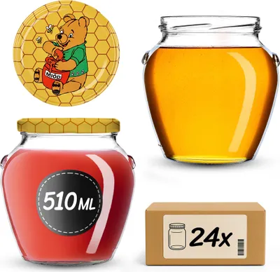 Productafbeelding van KADAX Inmaakpotten, 510 ml, met schroefdeksel, diameter 82 mm. Inmaakpotten met deksel, geschikt voor het inmaken van honing, fruit en groenten. Inmaakpotten (Winnie de Pooh, 24 stuks)