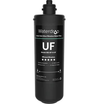 A black water filter cartridge with product information printed on it, isolated on a white background.