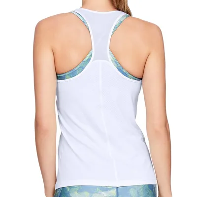 The back of a woman wearing a white tank top.