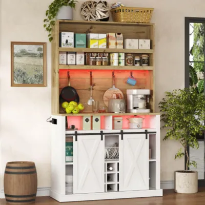 Produktbild von Küchenschrank, Hochschrank mit LED, Küchenregal mit Steckdose, Haken, Weinregal und Vitrine für Küche & Esszimmer
