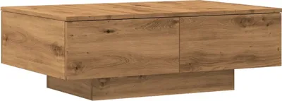 A wooden coffee table with two drawers, shown from a front-side angle against a white background.