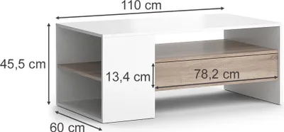 A diagram of a white and wood coffee table with dimensions indicated.