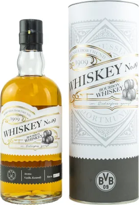 A bottle of whiskey and its cylindrical packaging are shown against a white background.