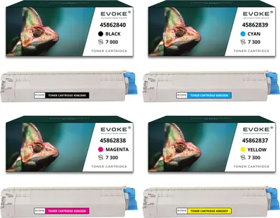 A collage of four toner cartridge boxes and their corresponding toner cartridges, each featuring a chameleon image.