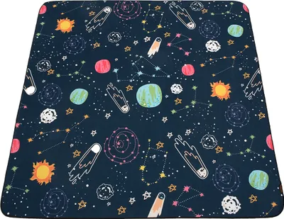 A flat lay of a dark blue mat with a space-themed pattern, featuring planets, stars, and comets.