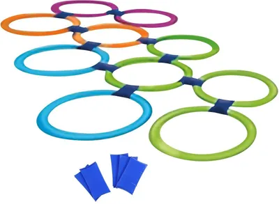 A set of colorful rings connected by blue connectors, laid out on a white background. A few small blue rectangular pieces are also visible in the foreground.