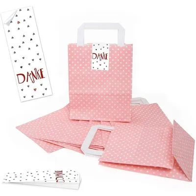Produktbild von Logbuch-Verlag 5 Papiertüten rosa weiß gepunktet mit Henkel + lange Aufkleber m. bunten Geschenken Herzen - Geschenkverpackung Mitgebseltüte Kindergeburtstag Mädchen"Danke" rote Herzen / 25 Stück