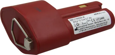 A red rechargeable battery pack with a silver metal loop on a white background.