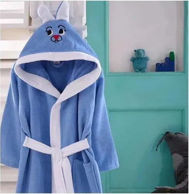 Produktbild von Teksmoda Kinderbademantel mit Kapuze Hasenmotiv Blau-Weiß 5-6 Jahre
