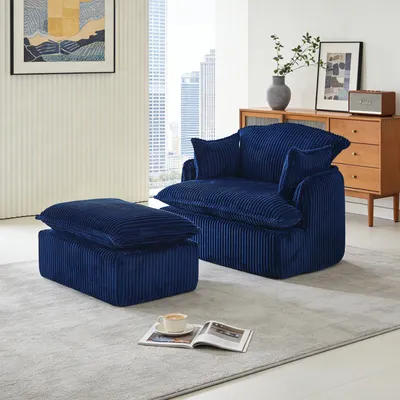 Produktbild von okwish Einzel Sofa mit Fußhocker und Armlehnen, klassisches Sofa Cord, Sofastuhl für kleine Wohnungen, Blau