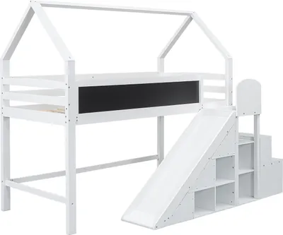 Produktbild von Kinderbett mit Graffiti-fähige Tafel Rutsche Treppe und Schränken Multifunktionales Hausbett Jugendbett ohne Matratze 90*200cm Weiß