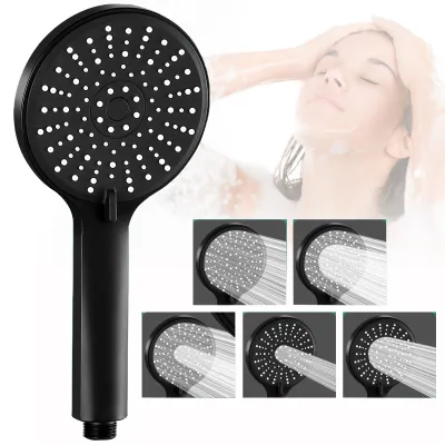 A black hand-held shower head is shown in the foreground, with smaller inset images demonstrating different water spray patterns. In the background, a woman is shown showering.