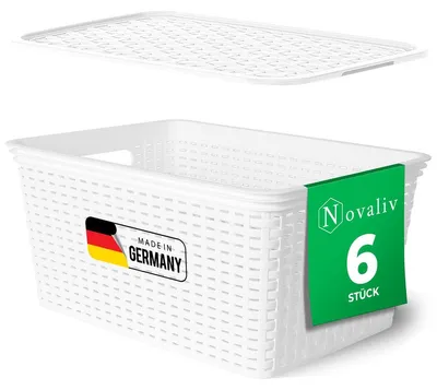 Obrázek produktu pro Novaliv sada 6 úložných boxů s víkem Velký 14l koš Bílý v ratanovém designu Úložný koš bezpečný pro potraviny Stohovatelné boxy Hnízdící plastová bedna bez BPA Úložné boxy s víkem
