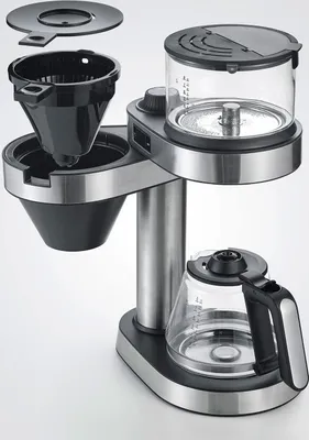 A coffee maker with its parts disassembled against a white background.