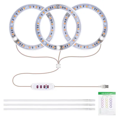 Three ring-shaped LED grow lights are connected to a control unit and a USB cable, laid out on a white background. Three white bars are placed below the lights, and a small informational card is in the bottom right corner.