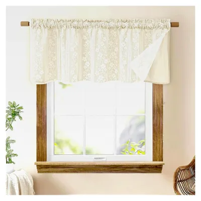 Produktbild von Beige Scheibengardinen, Moderne Kurz Bistrogardine, Doppellagige Küchengardinen mit Leinen und Spitze, Fenstergardinen im Landhausstil, Kurzgardine für Küche und Wohnzimmer 120Bx45H cm