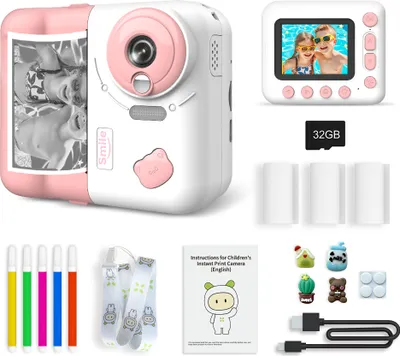 Obrázok produktu pre Fotoaparát s okamžitým výstupom pre deti, detský fotoaparát 1080P, digitálny fotoaparát pre deti, 2,4-palcový IPS displej, 10-násobný zoom, vstavaná batéria, vrátane termálneho papiera, farebných ceruziek a šnúrky na zavesenie, darček k narodeninám a sviatkom pre deti, chlapcov a dievčatá