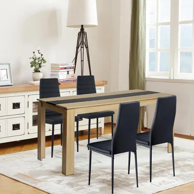 Image de Ensemble de salle à manger pour 4 personnes, en chêne noir, comprenant une table de 160 cm et 4 chaises en similicuir avec dossier haut