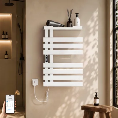 Image de S'AFIELINA Sèche-serviettes électrique avec étagère 760×500 mm 253W Blanc,Radiateur sèche-serviettes connecté WiFi, chauffage en fibre de carbone