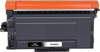 A black and orange toner cartridge is shown against a white background.