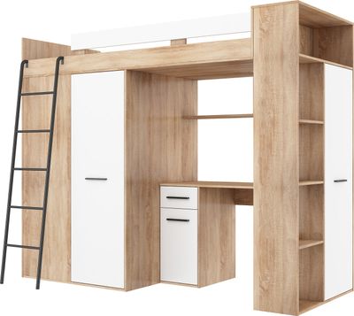 Podkrovná posteľ VERANA L (ľavá) Poschodová posteľ Predsieň 90x200 Šatníková skriňa Policové schody SONOMA OAK / WHITE