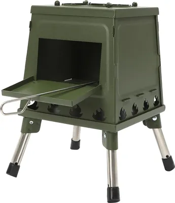 A green portable wood stove with silver legs is shown against a white background.