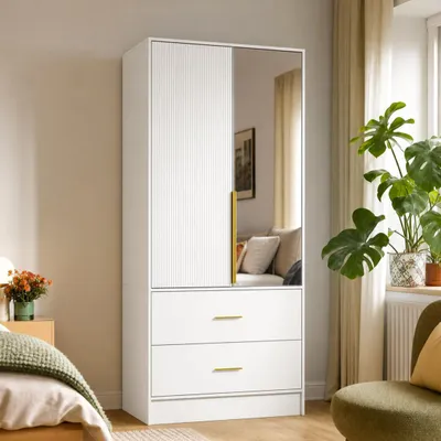 Produktbild von Kleiderschrank 75x170x48cm Weiß mit Spiegeltür & LED-Beleuchtung, mit 2 Schubladen & goldenen Griffen, mit Kippschutz,Schlafzimmer und Kleiderschränke