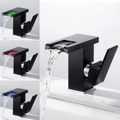 Produktbild von LED Wasserfall Bad Waschtischarmatur Einhandmischer Wasserhahn Moderner Stil Farbewechsel Waschtisch Waschbecken Armatur (Schwarz)