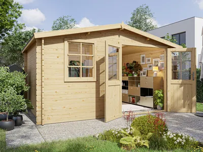 Produktbild von WOODTEX Naturbelassen 377 x 277 cm Gartenhaus Blockbohlenhaus, 28 mm Wandstärke Fichtenholz Satteldach, Gartenhaus mit Doppeltür und Dreh Kippfenster, 10 3 m² Grundfläche