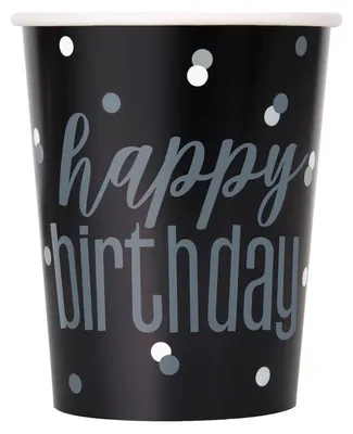 Produktbild von 8 Becher Happy Birthday schwarz & silber