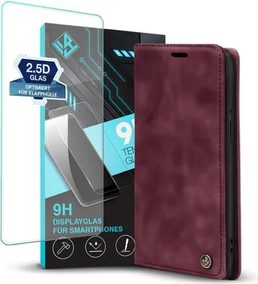 Produktbild von Handy Hülle für Apple iPhone 15 Pro mit 9H Displayglas Klapphülle Bookcase Flip Cover Handy Tasche Etui Farbe: Weinrot