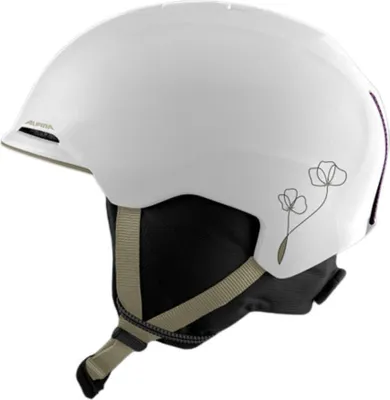 A white Alpina ski helmet with a floral design on the side, shown against a white background.