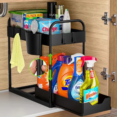 Produktbild von Ablageregal 2-stöckiger Organizer Höhenverstellbar unter der Spüle mit 4 Haken 1 Hängebecher, Schiebeschrank Regal Organizer für Badezimmer, Küchen