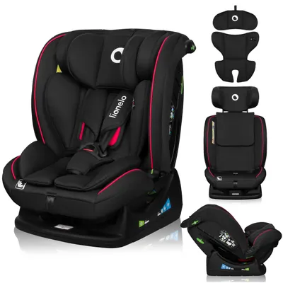 A collage of images showing a black car seat with red trim, including different components and angles of the seat.