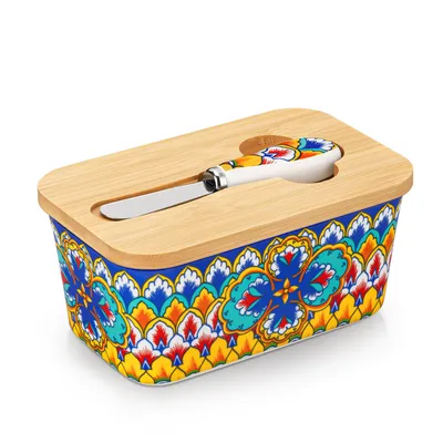 Produktbild von VANCASSO Porzellan Butterdose mit Deckel, Butterbestreichmesser, Boho-Stil, bunt