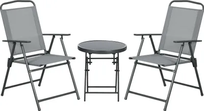 A set of outdoor furniture, including a small round table and two folding chairs, is displayed against a white background.