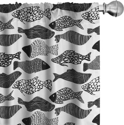 Produktbild von ABAKUHAUS Fisch Vorhänge, Gardinen, Zentangle Art Zier Abstrakt Wassertier Wiederholung in Monochrom, 2 Stück 75 x 245 cm, Charcoal Grau Weiß