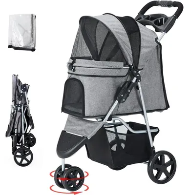 Image de Poussette pour chien jusqu'à 15 kg, pliable, avec panier de rangement et protection contre la pluie, de couleur grise