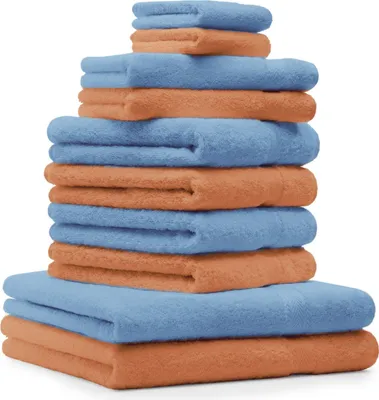 Produktbild von Betz 10-tlg. Handtuch-Set PREMIUM 2 Duschtücher 4 Handtücher 2 Gästetücher 2 Waschhandschuhe  Farbe: hellblau & orange