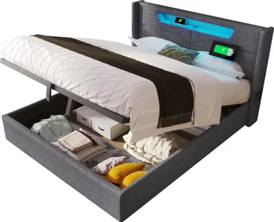 Produktbild von MODFU Hydraulisches bett Boxspringbett 140 x 200 mit Matratze Polsterbett mit LED und USB & Typ C Doppelbett mit lattenrost und Stauraum Grau